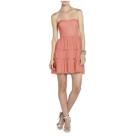 💕BCBGMAXAZRIA💕 Coral Strapless Lace Tiered Dress - Picture 2 of 8